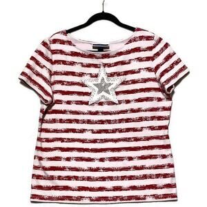 Karen Scott Patriotic Americana Top Shirt Size XL Red & White Stripes With Star